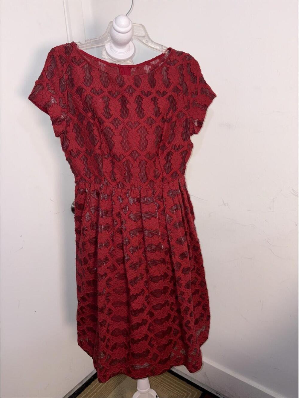 Moulinette Soeurs  Anthropologie Red‎ Unconventional Lace Holiday Dress 8 Modest